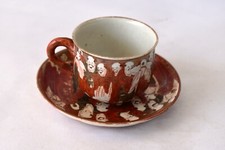 Ancien Japonais Kutani Aka-E Tasse Et Saucer Meiji Porcelain Figurine Décoration