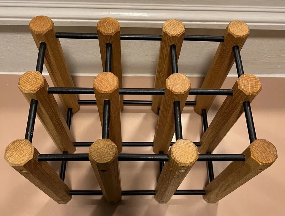 Wine Rack Solid Oak.Mid Century Modern. 6 Bottle Rack with Black Pins - Image 3 of 4