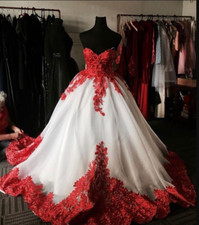 Sweetheart Red and White Wedding Dresses A Line Vintage Appliques Bridal Gowns