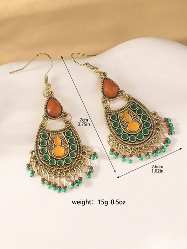 1 par de pendientes de borla con cuentas vintage Western Boho de moda - Imagen 3 de 4