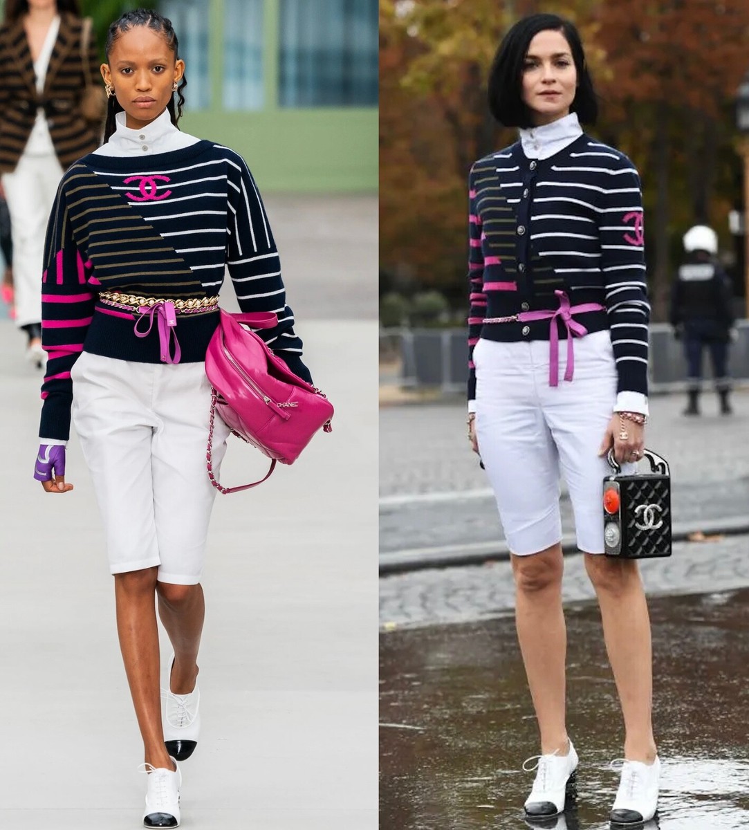 NWT $2350 20C CHANEL CASHMERE NAVY PINK WHITE KHAKI STRIPED CC