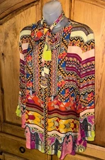ETRO Silk Bohemian Button Up Long Sleeve Top Optional Neck Tie Size 46