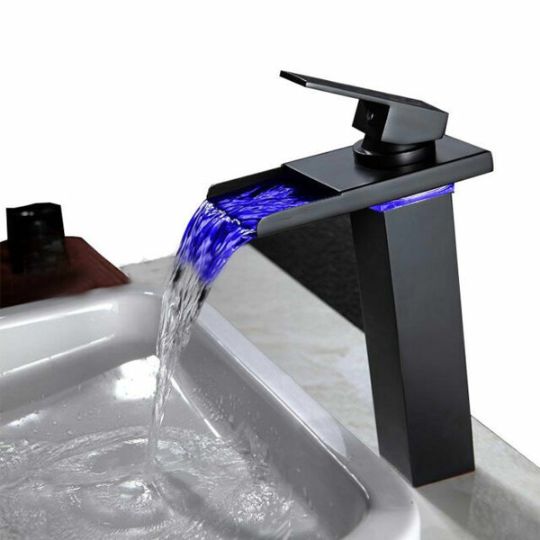 LED Bathroom Basin Waterfall Faucet Bathtub Mixer Tap Black Bath Shower