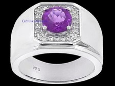 Natural Amethyst & CZ  Gemstones With 925 Sterling Silver Ring For Men's #5661