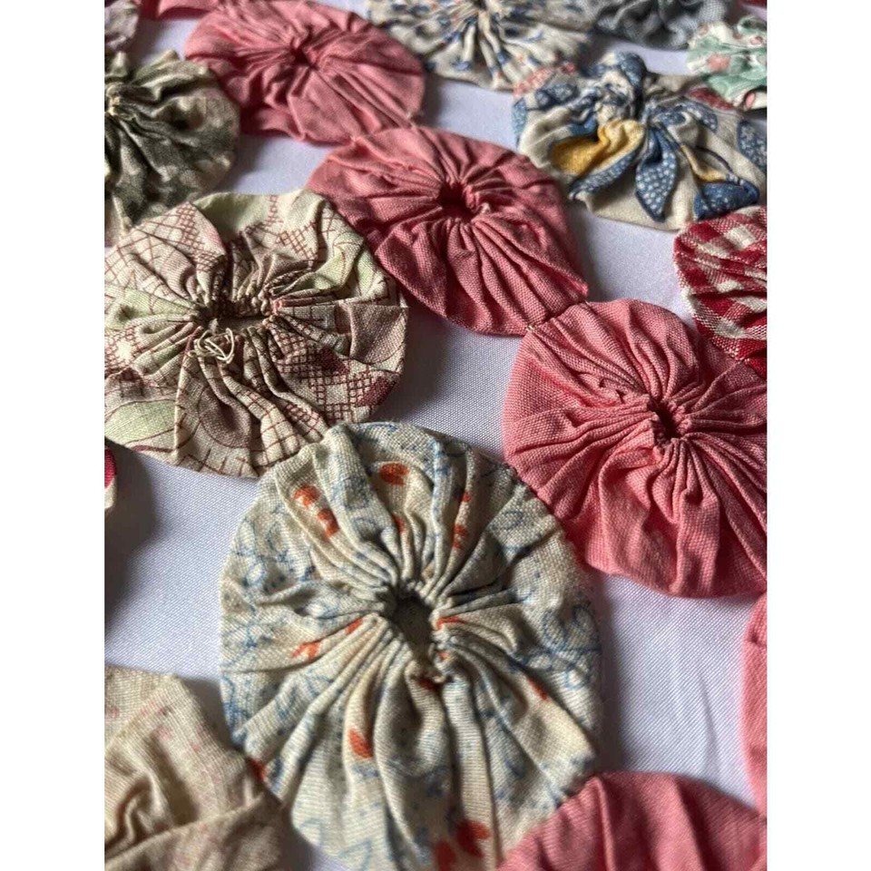 Antique Yo Yo Quilt 94” X 64” 1920s Cotton Fabric Pink Vintage Blanket
