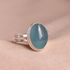 Natural Oval Cut Aqua Chalcedony 925 Sterling Silver Ring For Mother's Day Gift