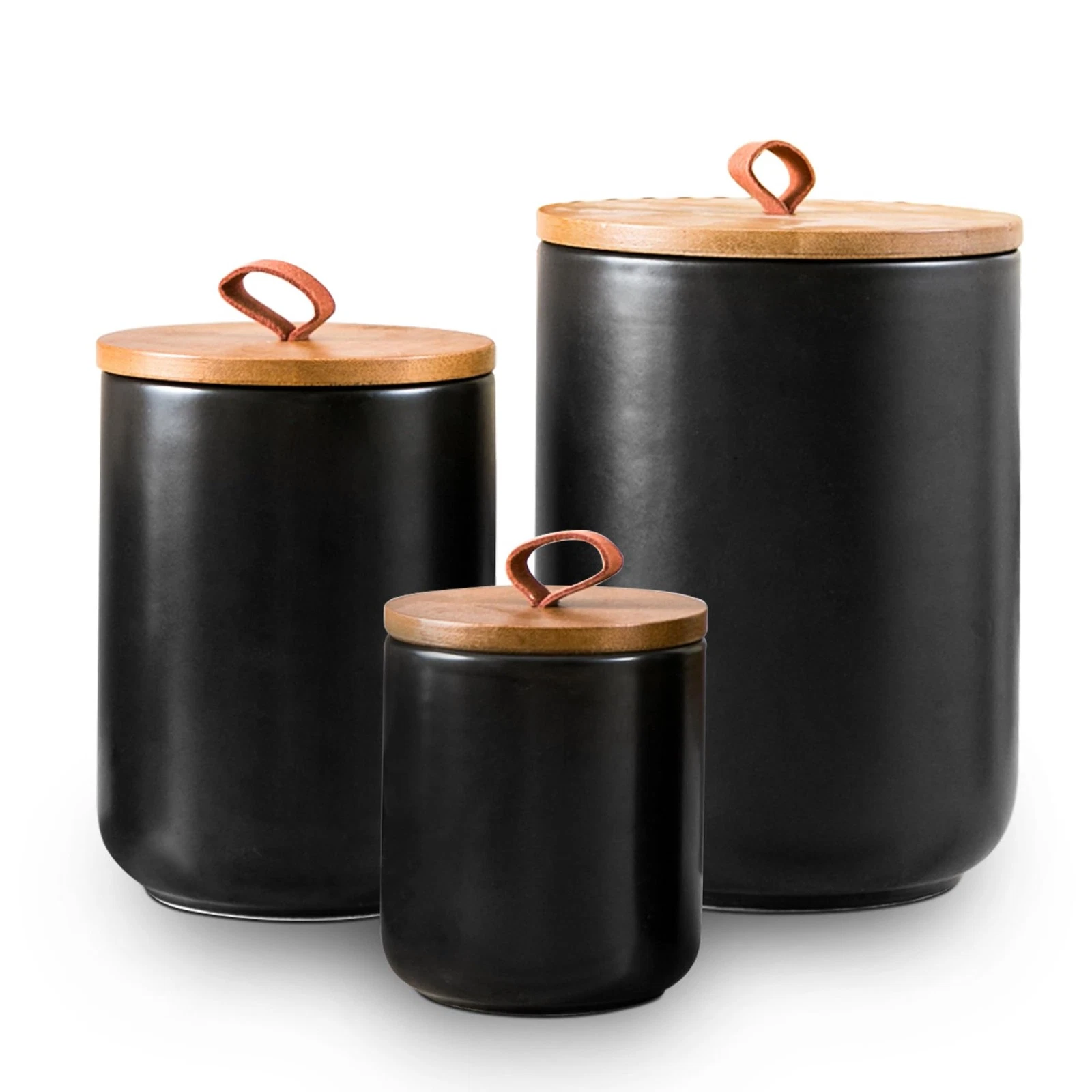 Black Ceramic Canister Set, 3pcs Ceramic Kitchen Canisters for Countertop wit...