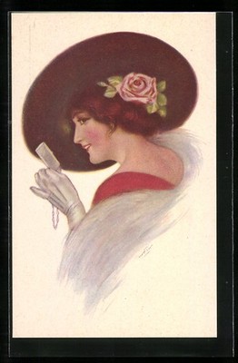 artist postcard signed H. Fisher: Elegant Lady with Hat and Rose 