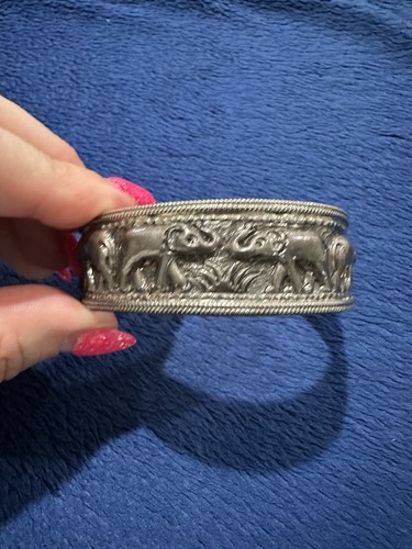 Sterling Silver 925 Storytelling Elephant Cuff Bracelet, 6in Long, 43g