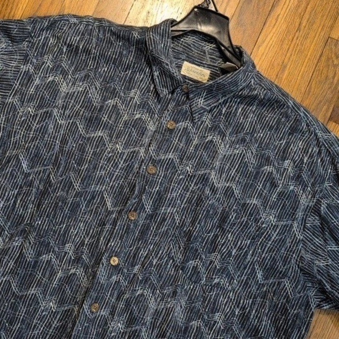 St Johns Bay Mens XXL Blue White Zig Zag Linen Cotton Short Sleeve Button Shirt