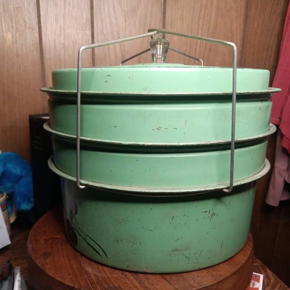 Juego completo de 3 niveles porta pasteles de metal floral Carlton verde vintage de los años 50 Foto 2 de 4