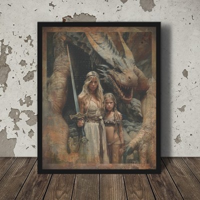 Vintage DRAGON SLAYER Wall Art, Warrior Fantasy Decor, Dinosaur Mother Poster