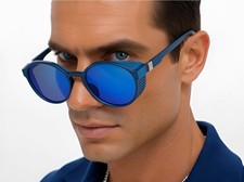 Sunglasses Men Blue Mirror Lens Round Steampunk Vintage Punk Rivet Wrap Shades