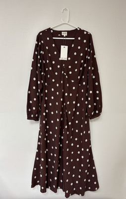 Women's Hush Grace V Neck Long Sleeved Dress Brown Polka Dot Size Large