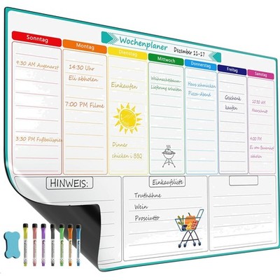 Magnetischer Wochenplaner A3 Whiteboard Tafeln für Haushalt, Einkauf, Fitness...