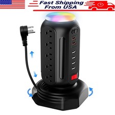21 in 1 Power Strip Tower USB Charging Surge Protector W/ RGB Nightlight Black