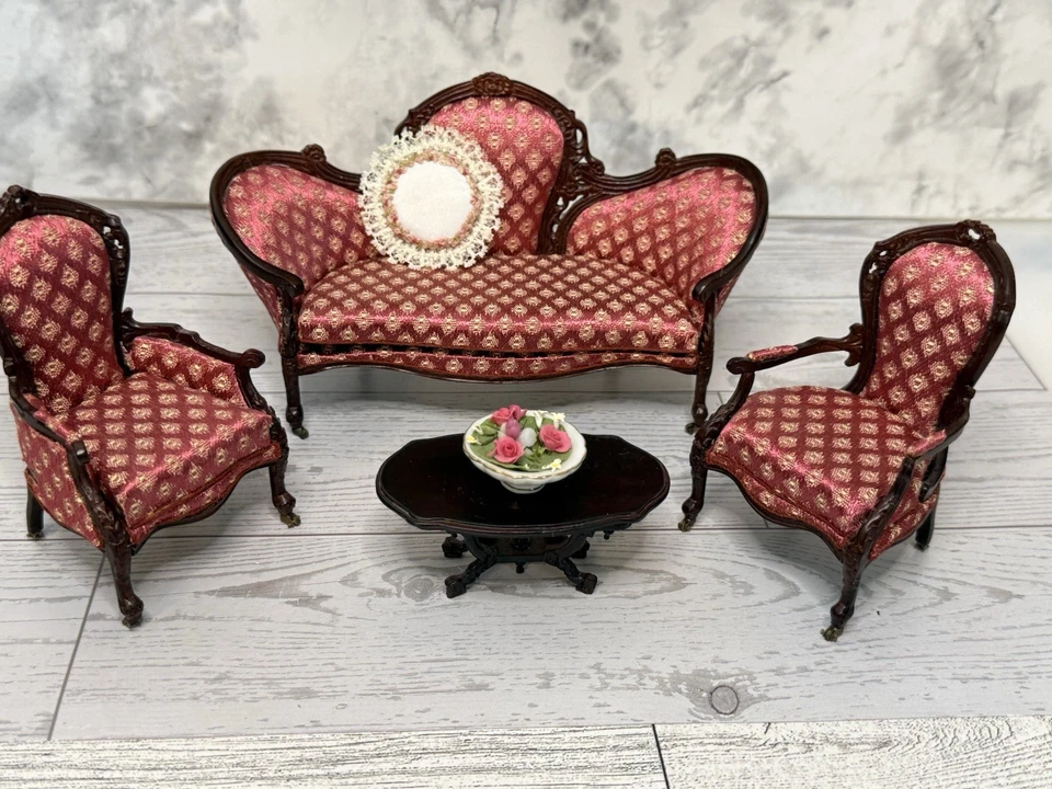 Bespaq 2:12 Dollhouse Miniature Silk & Wood Victorian Living Room 6 Piece Set - Image 4 of 4