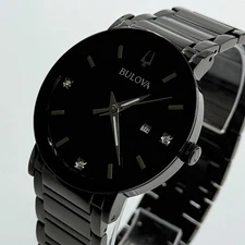 Bulova Men's Futuro Modern Quartz Black Diamond Dial Calendar Watch 98D144