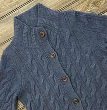 Vintage LL Bean Womens M Wool Long Cable Knit Button Cardigan Cottage Cabin Blue