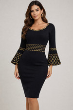 NWT NINA LEONARD Black Knit 3/4 Bell-Sleeve Sweater Dress Size Small Gold Trim