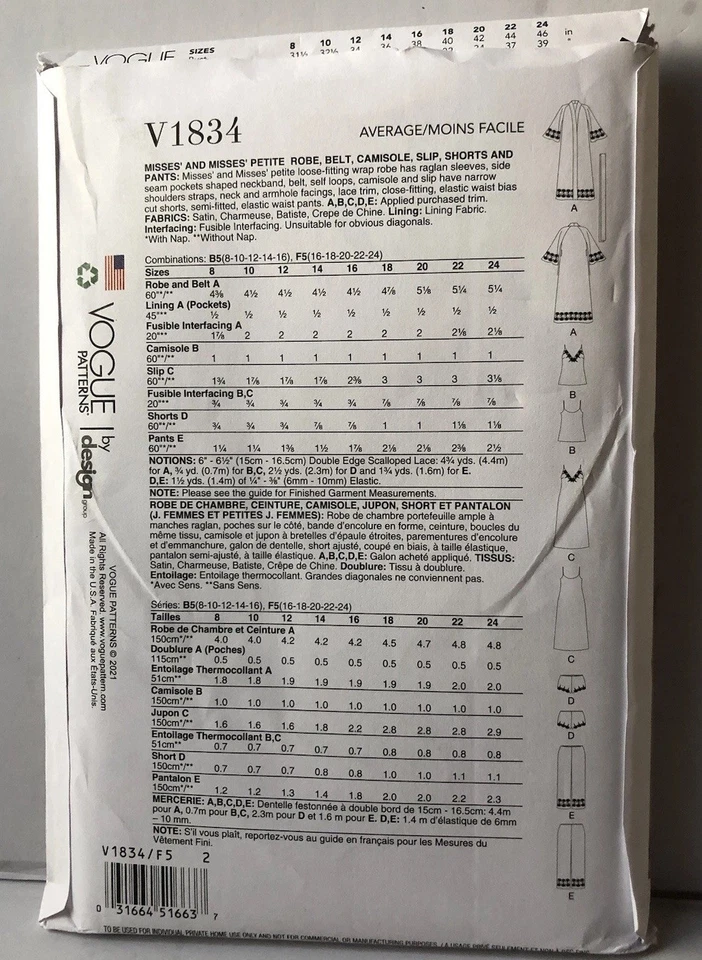 Vogue V1834 Sewing  Pattern Misses Sleepwear Sizes 16-24 Uncut  - Image 2 of 3