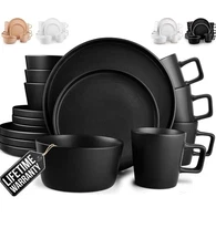 16-Piece Modern Black Dinnerware Set Plates, Bowls, Tumblers