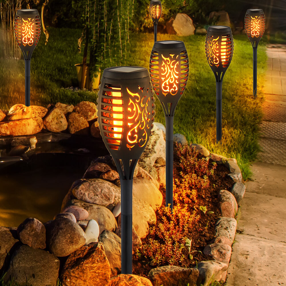 6x LED Solar Steck Lampen Stanzungen Außen Erdspieß Garten Feuer Effekt Strahler