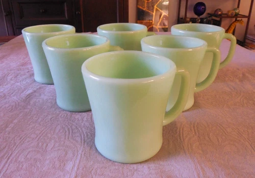 6 VINTAGE FIRE-KING JADEITE MUGS w/ D HANDLE C. 1948 Restaurant ware