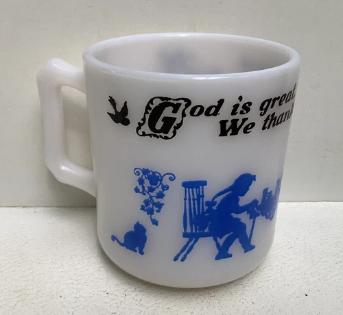 Vintage Hazel Atlas Child Mug God is Great Good Food White Milk Glass Cup Mug