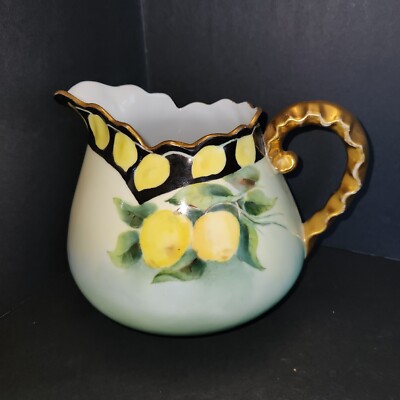 Antique Cider Pitcher Planter Hand Painted Lemon Fruit Floral Design Water 