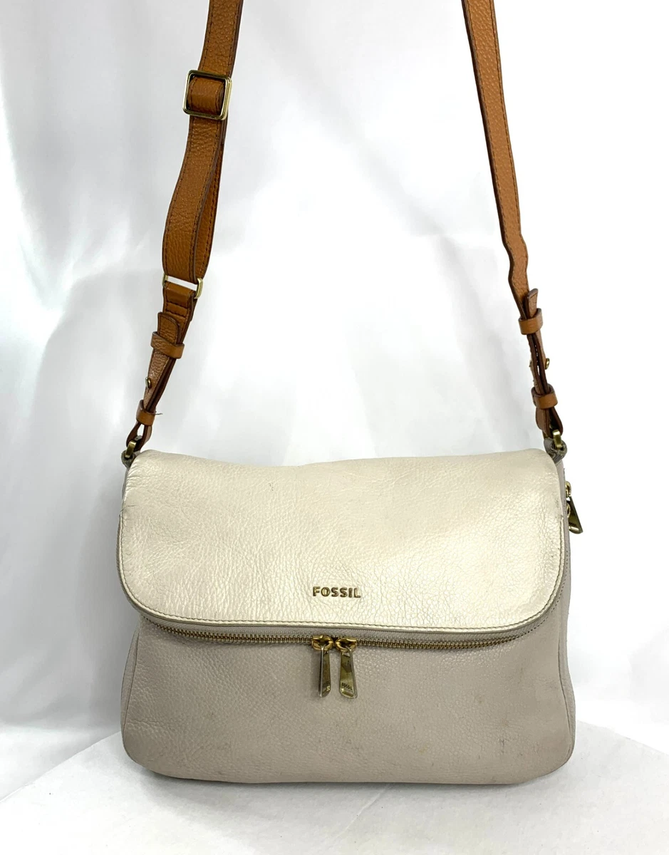 Fossil Taupe Cream Leather Fold Over Zip Around Flap Medium Crossbody Bag Purse