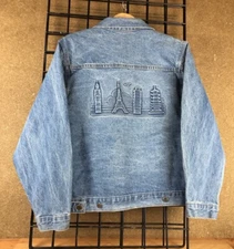 Vtg Tyca Trucker Denim Jacket Embossed Paris London 4 Building Large Made in USA