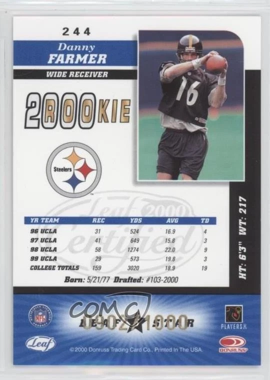 2000 Leaf Certified 2000 Rookie /1000 Danny Farmer #244 Rookie RC - Image 2 of 2