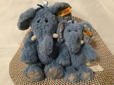 Steiff blue elephant "earz" 12" and 8" plush 064869 / 064876 ear tags, lot of 2