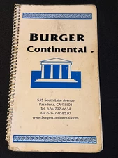 Burger Continental Pasadena California CA Vintage Menu