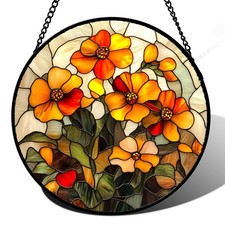 Stained Glass Window Hanging Orange Marigolds Flowers Suncatcher for Door Ga...