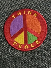 Think Peace Peace Sign Red/Multicolor Iron On Embroidered Patch
