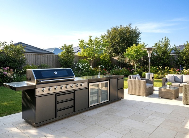 NEW Black Stainless Steel Grill Outdoor Kitchen 8 Burner Grill Refrigerator Sink