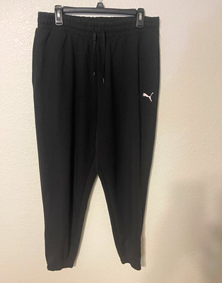 PUMA Women s Black Jogger Pants L Polyester Knit Drawstring Elastic Logo
