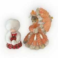 Vintage Handcrafted Beaded Safety Pin Art Doll Figurine Lot Of 2