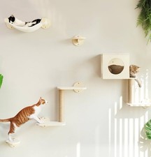 Cat Wall Shelves 5-Piece Stable Wooden Mounted Furniture Set Kitty Climbing Grey