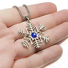 Metal Silver Snowflake Pendant Necklace Blue Crystal w 24" Chain Winter Fashion