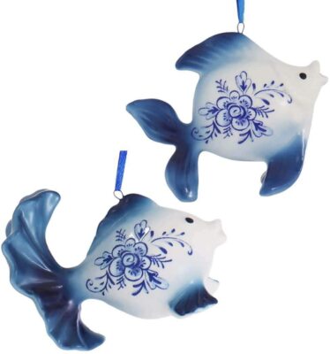 Kurt Adler Set of 2 Delft Blue Style Fancy Goldfish Ornaments