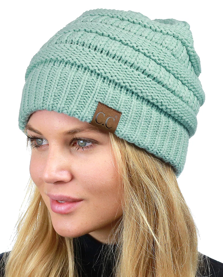 Gorro CC para mujer forrado de vellón grueso suave elástico tejido con cable cálido borroso gorro Foto 4 de 4