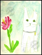 White Cat in my Garden among Flowers 2012 ORIGINAL watercolor PAINTING Signed