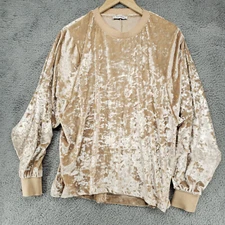 Zara Trafaluc Crushed Velvet Womens M Beige Shiny Long Sleeve Shirt Blouse