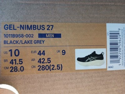 ASICS Gel Nimbus 27 Running Shoes Black White Men US 10/EU44/UK 9 /CN280 NEW