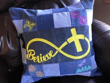 Patchwork Pillow Cover 18x18, Hand Painted Inspirational Decor, Christian Faith