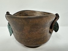 California Studio Pottery Bowl Rustic Modern Copper Bronze Leaf Artist Signed