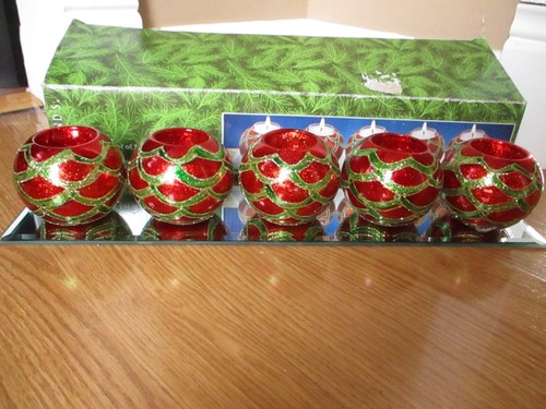 KIRKLAND'S Sparkle Ornament Tealight Candle Holders Mirrored Base Red & Green